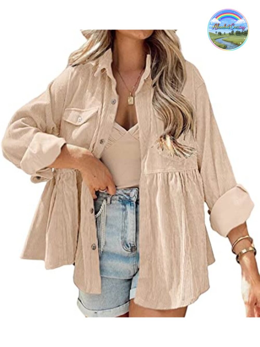Corduroy Peplum Top Button Down Blouse with Pockets